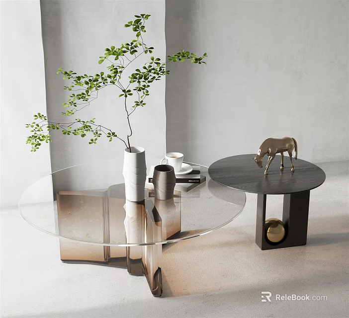 Elegant Round Glass Coffee Table With Metal Frame Decorative Green Plant Vase And Horse Figurine 3d model 