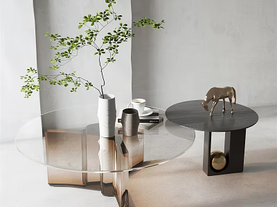 Elegant Round Glass Coffee Table With Metal Frame Decorative Green Plant Vase And Horse Figurine 3d model