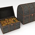 Jewelry and Gold Coins Inside Open Wooden Treasure Chest with Closed Chest