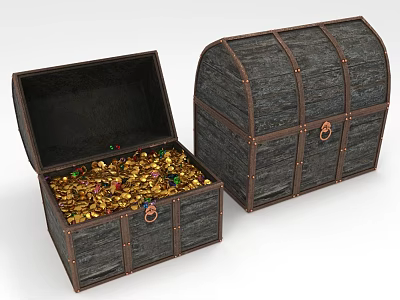 Jewelry and Gold Coins Inside Open Wooden Treasure Chest with Closed Chest 3d model