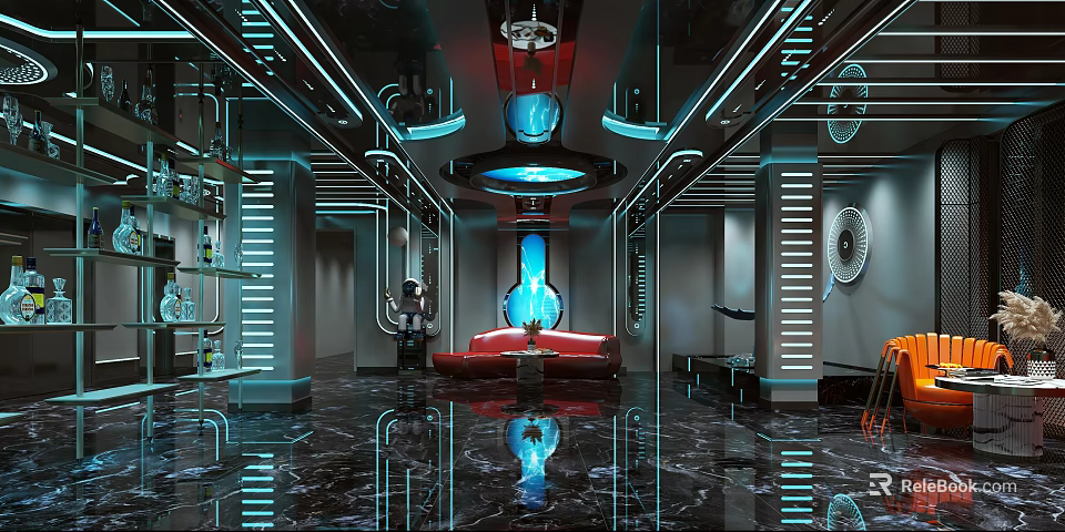 Modern Bar Interior With Neon Lights Red Sofa And Polished Marble Floor 3d model 