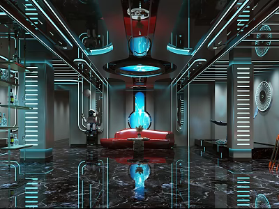 Modern Bar Interior With Neon Lights Red Sofa And Polished Marble Floor 3d model