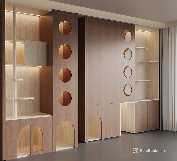 Modern Wooden Pet Cabinet Interior With Circular Holes Shelves And Lighting 3d model 