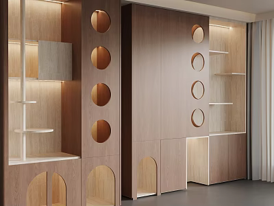 Modern Wooden Pet Cabinet Interior With Circular Holes Shelves And Lighting 3d model