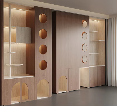 Modern Wooden Pet Cabinet Interior With Circular Holes Shelves And Lighting 3d model