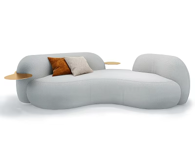 Light Gray Curved Sectional Sofa With Orange And Light Gray Pillows And Side Tables 3d model