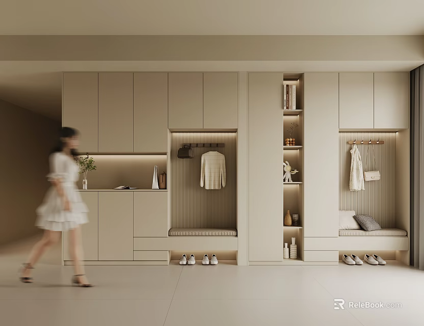 Modern Beige Shoe Cabinet With Storage Shelves Seating Bench And Hanging Hooks 3d model 