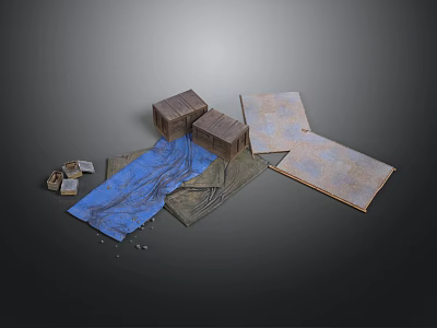 Detailed Construction Scene Components With Wooden Boxes Blue Fabric And Textured Planks 3d model