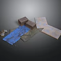 Detailed Construction Scene Components With Wooden Boxes Blue Fabric And Textured Planks