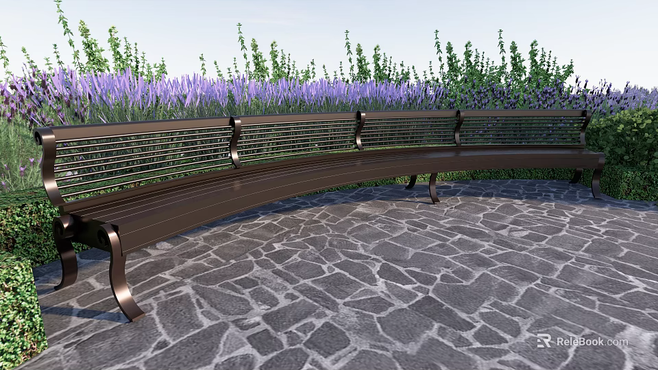 Curved Metal Landscape Bench With Striped Seat Purple Flowers And Stone Pavement 3d model 