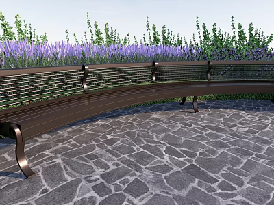 Curved Metal Landscape Bench With Striped Seat Purple Flowers And Stone Pavement 3d model
