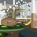 Colorful Kindergarten Indoor Playground With Yellow Slide Hanging Rings Two Level Structure And Large Windows