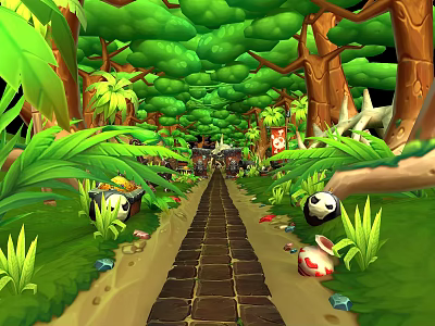 Cartoon Forest Scene With Stone Path Green Leaves Trees Panda Rabbit And Colorful Items 3d model