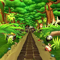 Cartoon Forest Scene With Stone Path Green Leaves Trees Panda Rabbit And Colorful Items