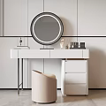 White Dressing Table with Round Illuminated Mirror Cosmetics and Beige Chair in Minimalist Room