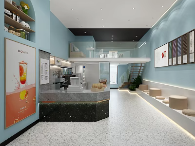 Modern Bubble Tea Shop With Light Blue Walls Counter Bar Menu Boards And Bench Seating 3d model