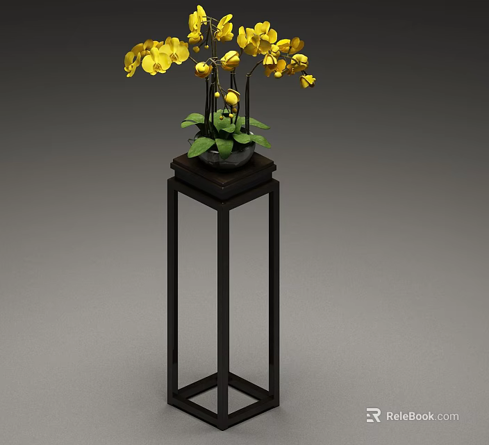 Yellow Orchid Bonsai Plant in Dark Pot on Black Stand with Green Leaves 3d model 