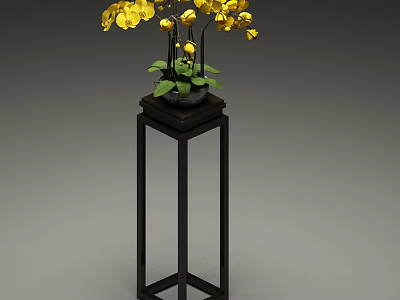 Yellow Orchid Bonsai Plant in Dark Pot on Black Stand with Green Leaves 3d model