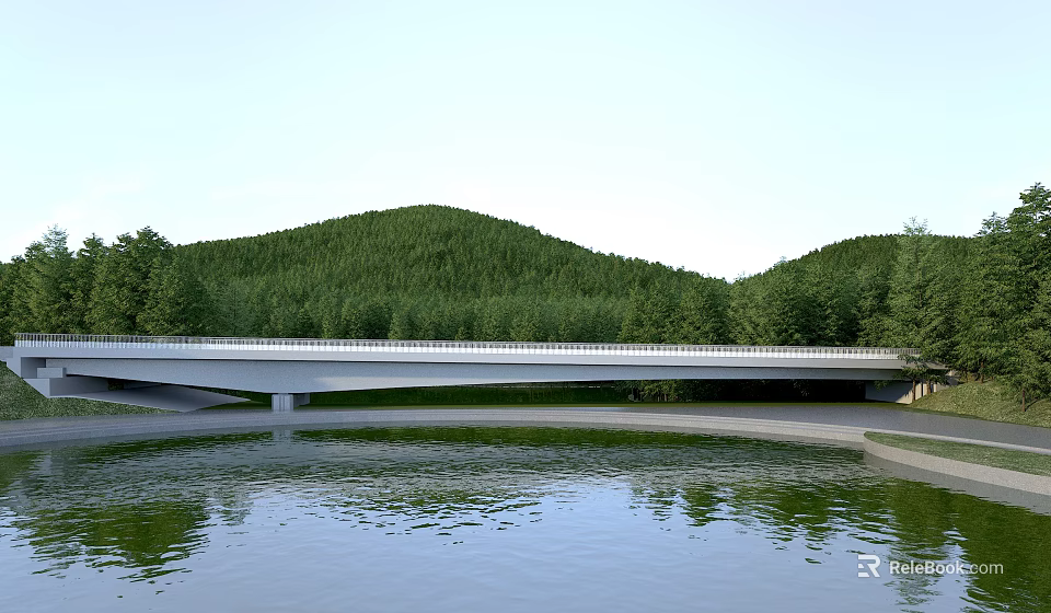 Scenic Modern Bridge Structure Over Calm River With Lush Green Hills And Trees 3d model 