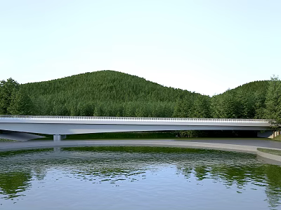 Scenic Modern Bridge Structure Over Calm River With Lush Green Hills And Trees 3d model