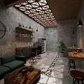 Industrial Lounge Interior Design With Concrete Walls Wooden Lattice Ceiling Green Sofa And Bar Stools