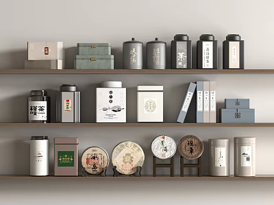 Traditional Chinese Tea Ware Display With Ceramic Caddies And Tea Cakes On Wooden Shelves 3d model