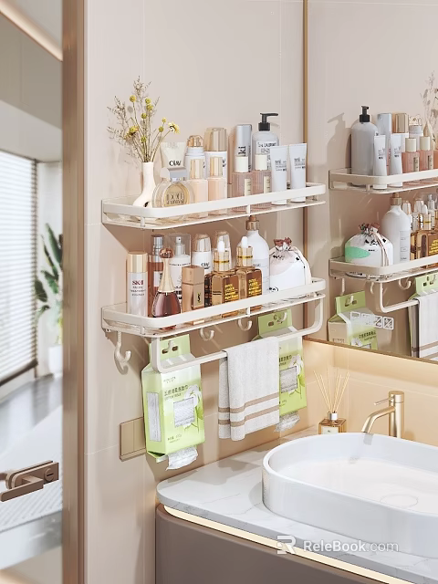 Space Saving Bathroom Accessories With Wall Mounted Shelf Towels And Toiletries Organizer 3d model 