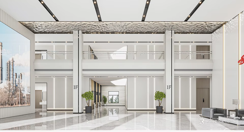 Modern Reception Area With Marble Flooring Green Plants And Spacious Modern Design 3d model 