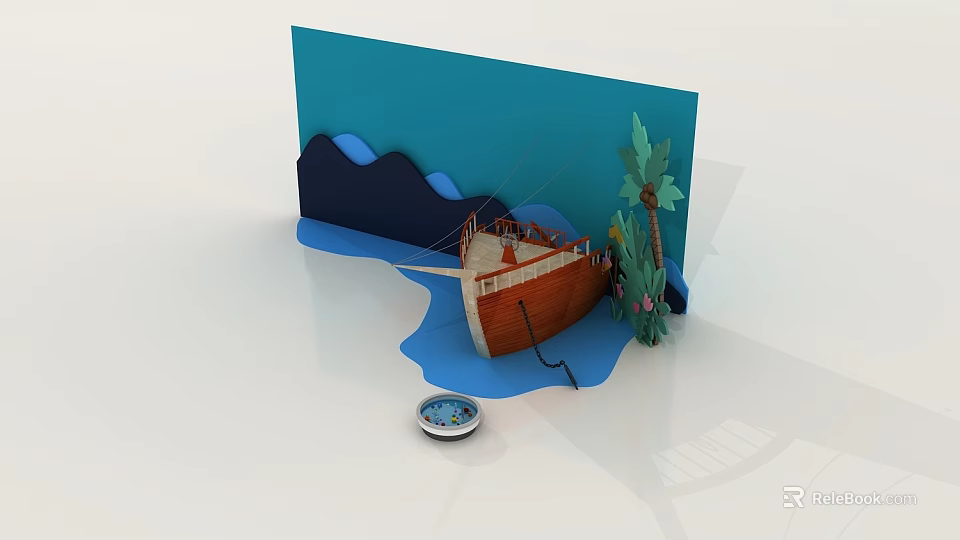 Vintage Wooden Boat in Scenic Blue Water Near Mountain and Palm Tree 3d model 