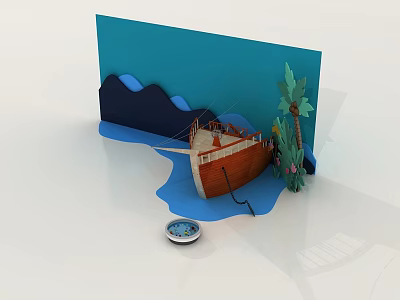 Vintage Wooden Boat in Scenic Blue Water Near Mountain and Palm Tree 3d model