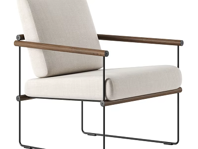 Modern Beige Fabric Single Sofa With Wooden Armrests And Black Metal Frame 3d model
