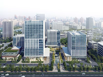 Modern Urban Business Complex With Glass Buildings And Surrounding Greenery 3d model