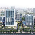 Modern Urban Business Complex With Glass Buildings And Surrounding Greenery