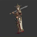 Mythical Warrior Character in Ornate Gold Red Armor with Horned Helmet and Sword