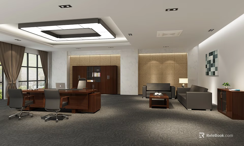 Modern Office Interior Design With Wooden Desk Ergonomic Chair Gray Sofa And Large Windows 3d model 