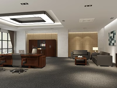 Modern Office Interior Design With Wooden Desk Ergonomic Chair Gray Sofa And Large Windows 3d model