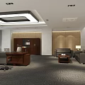 Modern Office Interior Design With Wooden Desk Ergonomic Chair Gray Sofa And Large Windows