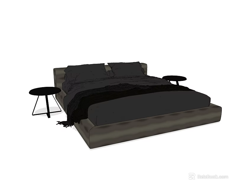 Modern Dark Double Bed With Sleek Frame Plush Blanket And Metal Nightstands 3d model 