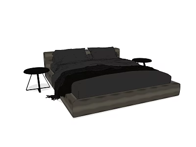 Modern Dark Double Bed With Sleek Frame Plush Blanket And Metal Nightstands 3d model