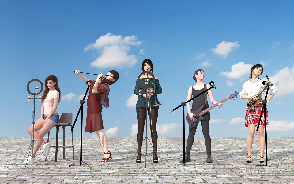 Group of People Performing with Microphones Guitar and Ring Light Under Blue Sky Clouds 3d model 