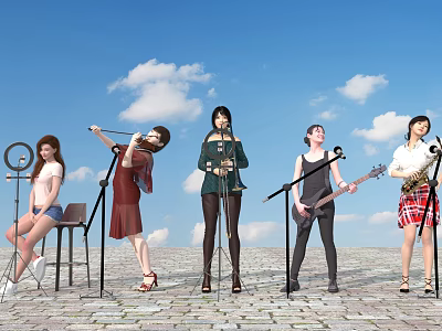 Group of People Performing with Microphones Guitar and Ring Light Under Blue Sky Clouds 3d model