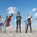 Group of People Performing with Microphones Guitar and Ring Light Under Blue Sky Clouds