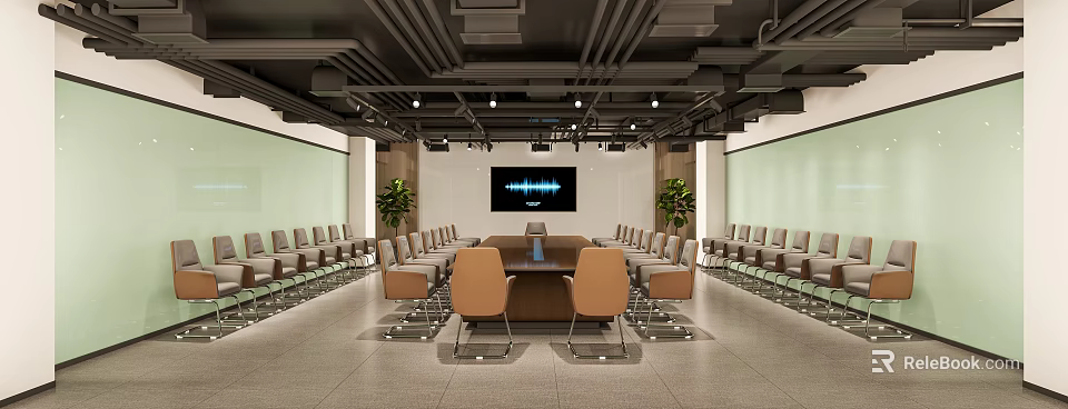 Modern Professional Conference Room Interior With Long Wooden Table Comfortable Chairs And Large Screen 3d model 