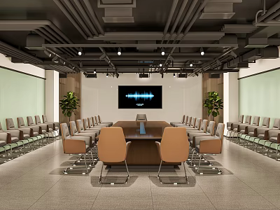 Modern Professional Conference Room Interior With Long Wooden Table Comfortable Chairs And Large Screen 3d model