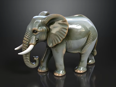 Grayish Green Ceramic Elephant Sculpture With Ivory Tusks And Glossy Finish Standing On Black Background 3d model