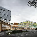 Modern School Building With Multi Story Structure Basketball Court And Students Playing