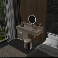 Elegant White Dressing Table With Golden Legs Round Mirror And Makeup Stool