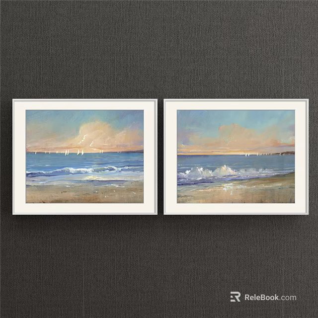 Two Framed Seaside Landscape Paintings With Beach Ocean Waves And Sky 3d model 