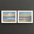 Two Framed Seaside Landscape Paintings With Beach Ocean Waves And Sky