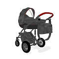 Gray Baby Stroller With Red Handle And Canopy Four Wheels Design
